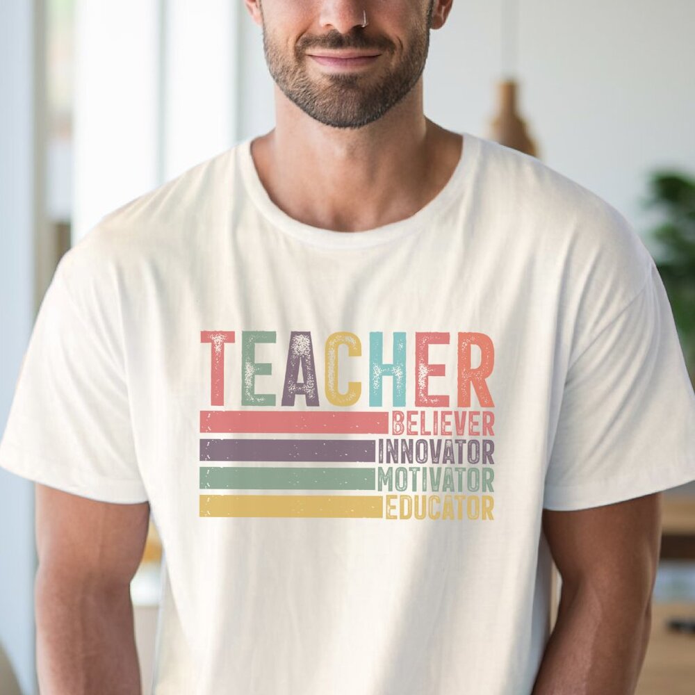 Teacher Graphic Shirt Colorful Believer Innovator Motivator Educator Tee - Picture 4 of 6